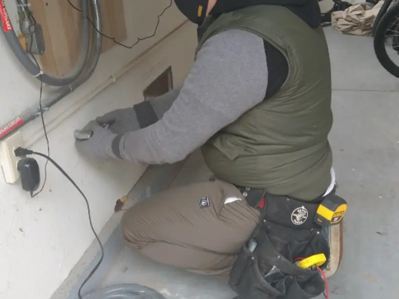 Electrician performing outlet wiring in a Brookland garage
